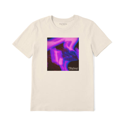 The image is a white t-shirt with a graphic design featuring a purple and black abstract pattern.
