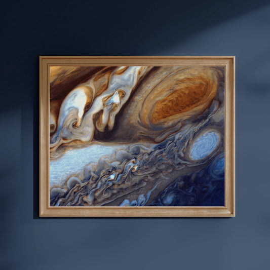 The image is a framed painting depicting a swirling, abstract pattern of colors and shapes, including shades of blue, orange, and white.