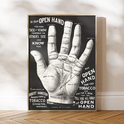 The image is a poster featuring a hand with various labels and text, likely providing information or instructions related to the hand.
