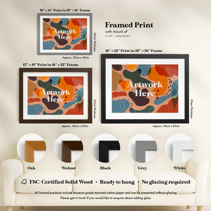 a variety of framed print artworks, each with different frame styles and colors, arranged on a wall.