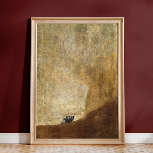 a large, framed painting of a landscape with a brown hill and a small bird perched on it, set against a red wall.