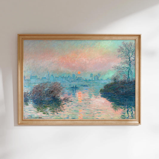 The image is a framed painting depicting a serene landscape with a body of water, boats, and a sunset in the background.