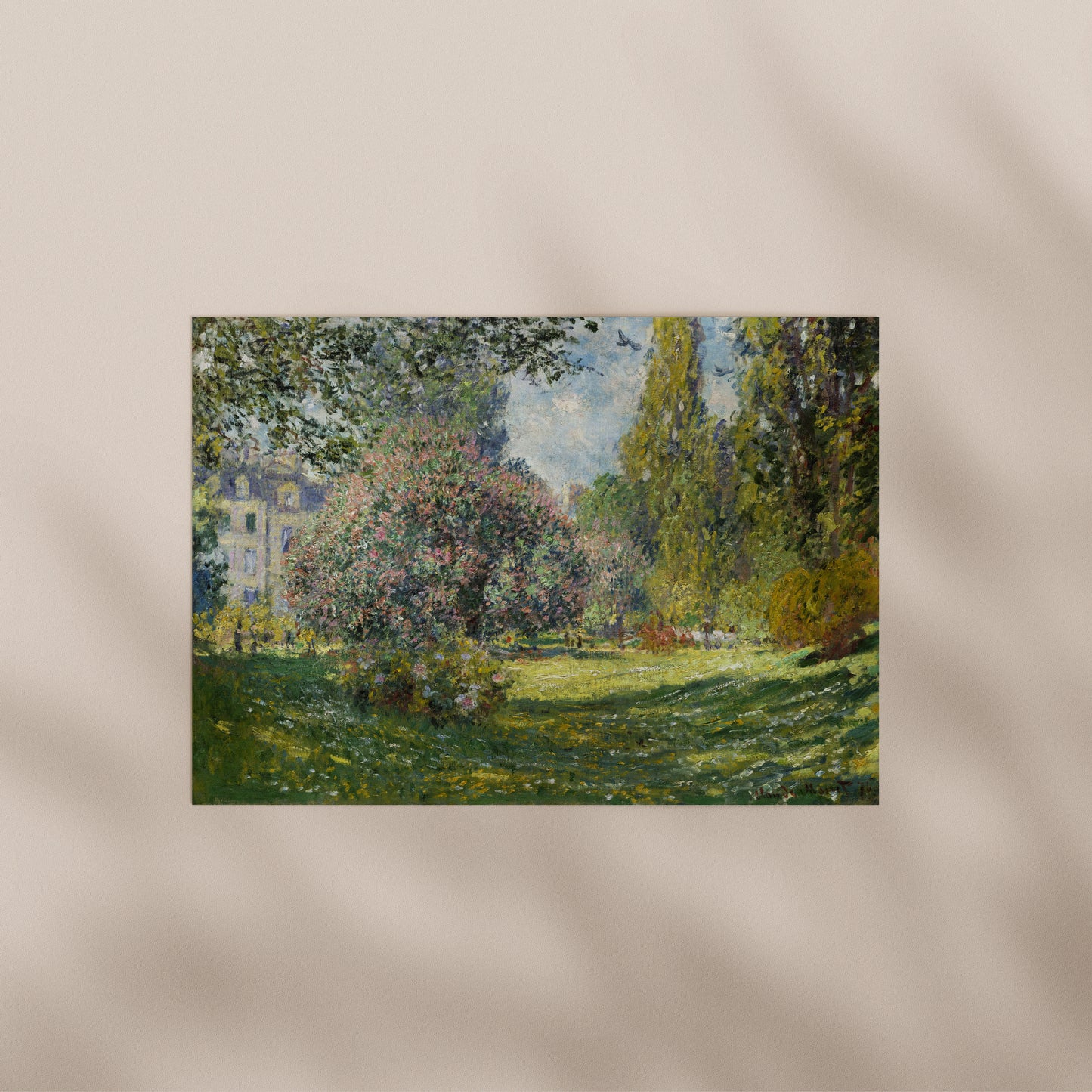 A painting depicting a serene garden scene with a large tree, a building, and a grassy area with flowers.