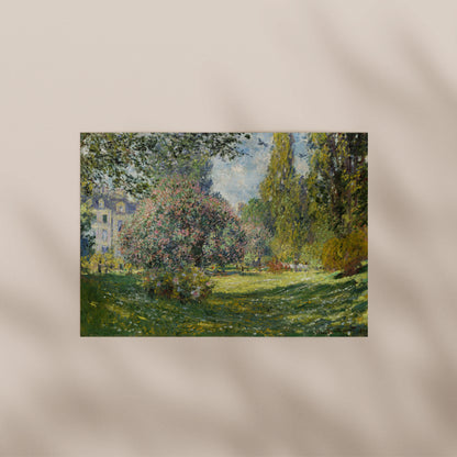 A painting depicting a serene garden scene with a large tree, a building, and a grassy area with flowers.