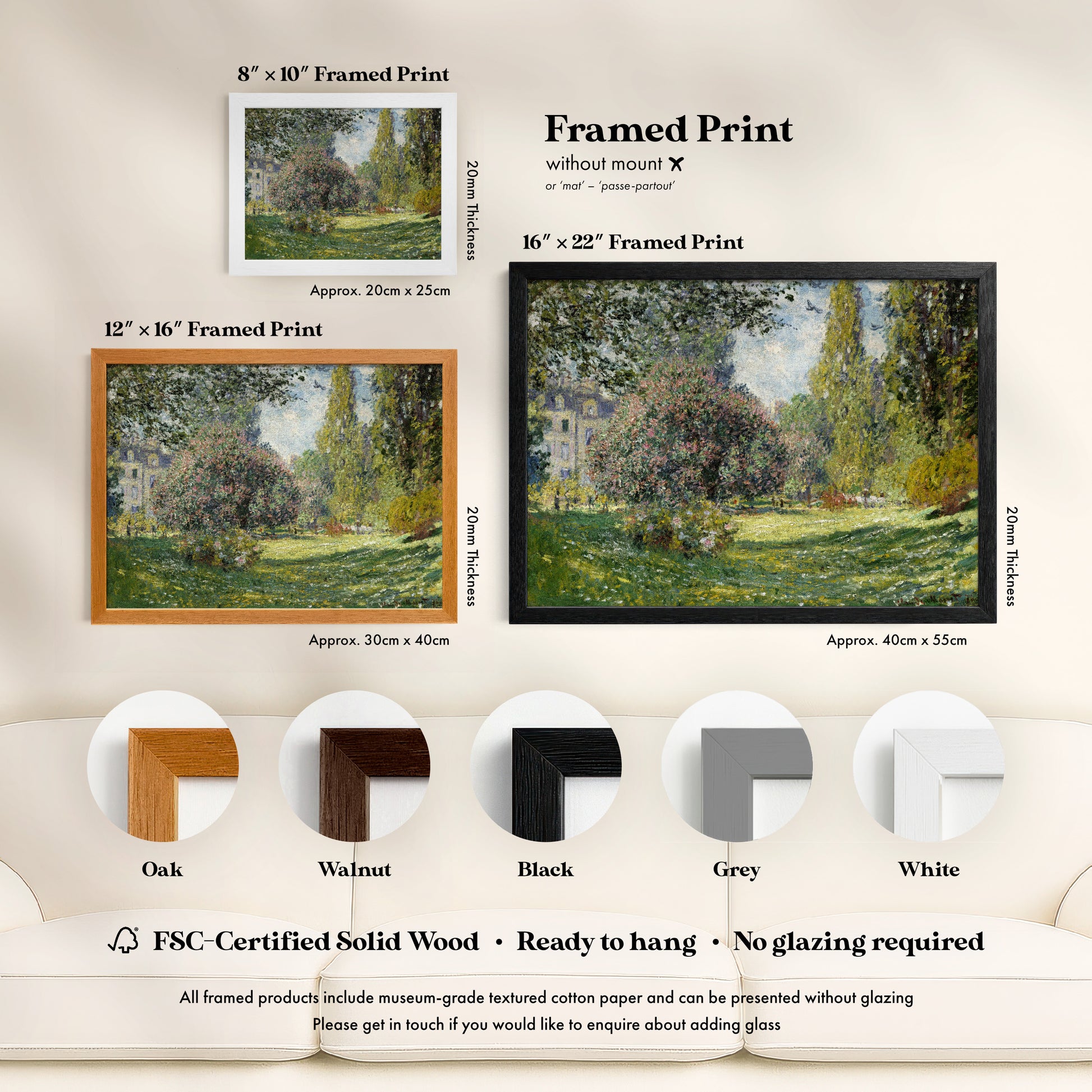 The image is a framed print advertisement for artwork, featuring various framed prints of the same painting. The text provides information about the different sizes and types of framed prints available, including the thickness of the print and the type of frame.