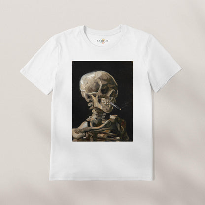 A white t-shirt with a framed image of a skeleton smoking a cigarette.