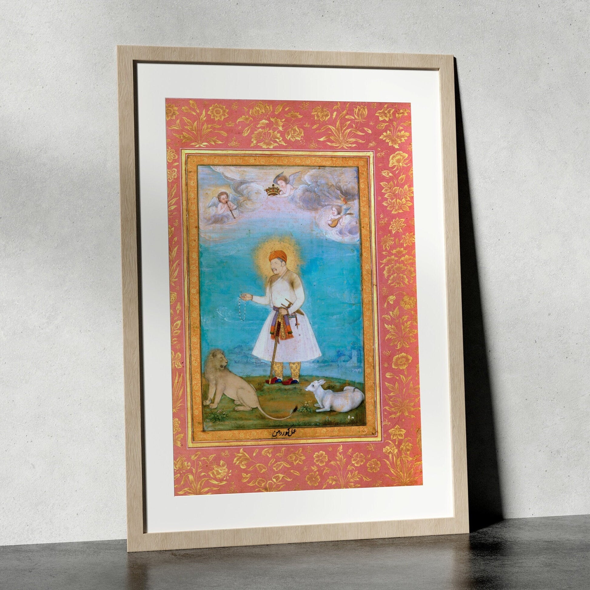 Akbar With Lion & Calf (Traditional Persian Miniature Art) - Pathos Studio - Art Prints