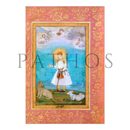 Akbar With Lion & Calf (Traditional Persian Miniature Art) - Pathos Studio - Art Prints