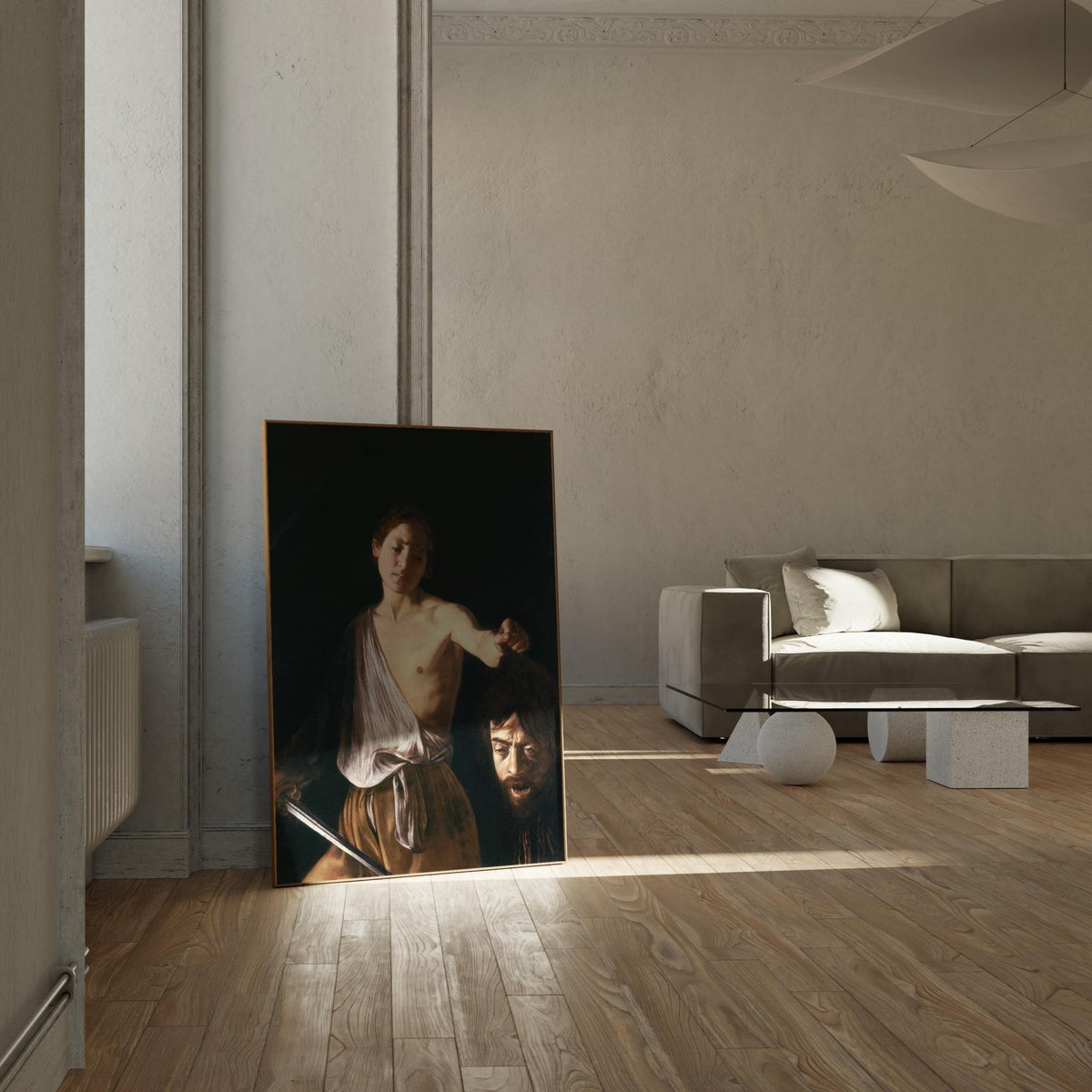 a large painting of a man and a woman, standing in a room with a wooden floor and a sofa in the background.