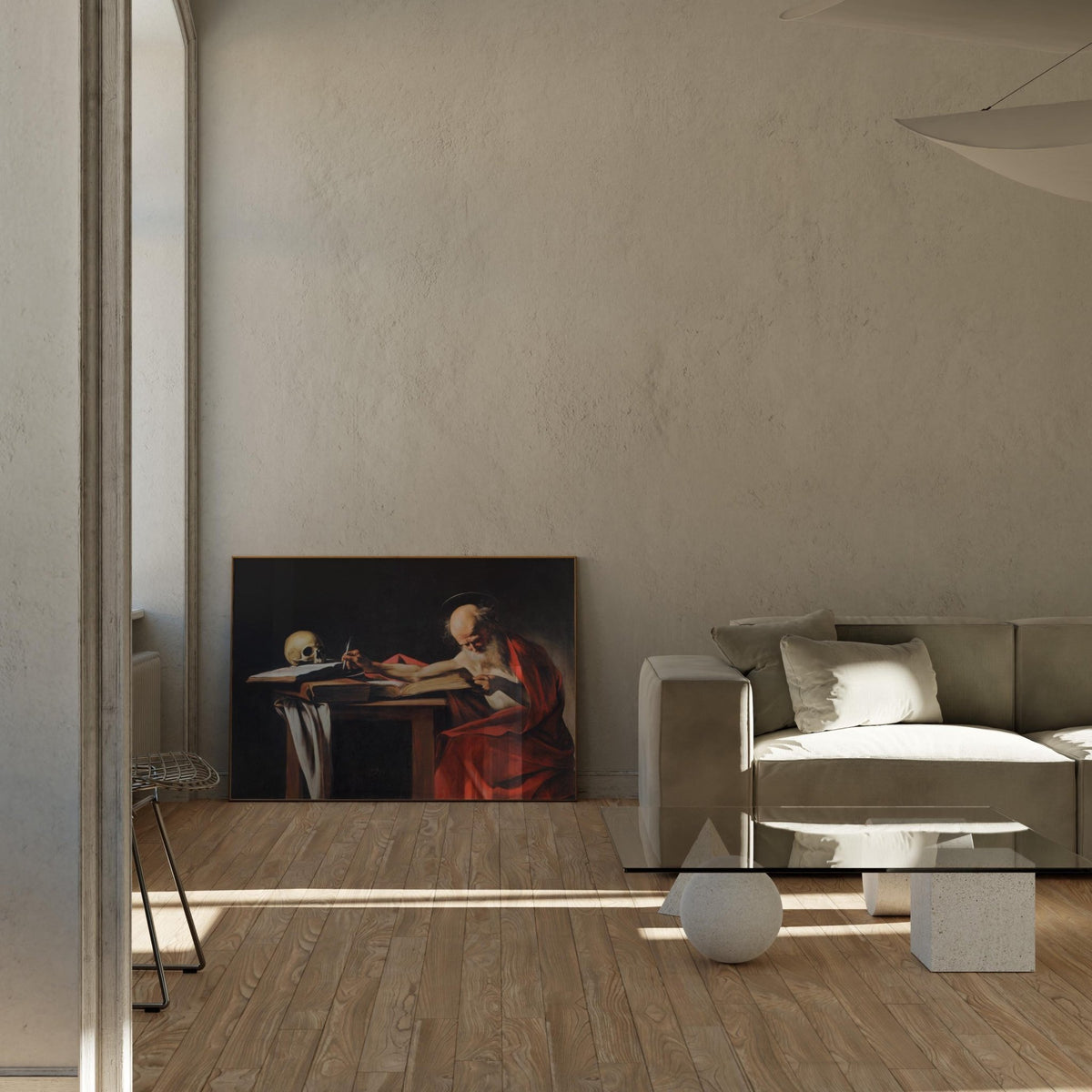 a modern living room with a large painting of a man in a red robe sitting at a table, surrounded by various furniture pieces such as a sofa, a coffee table, and a sculpture.