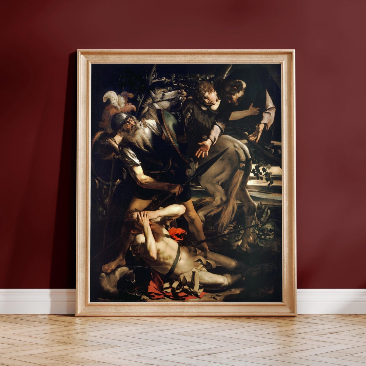 The image is a framed painting of a dramatic scene with figures in a dark and moody atmosphere.