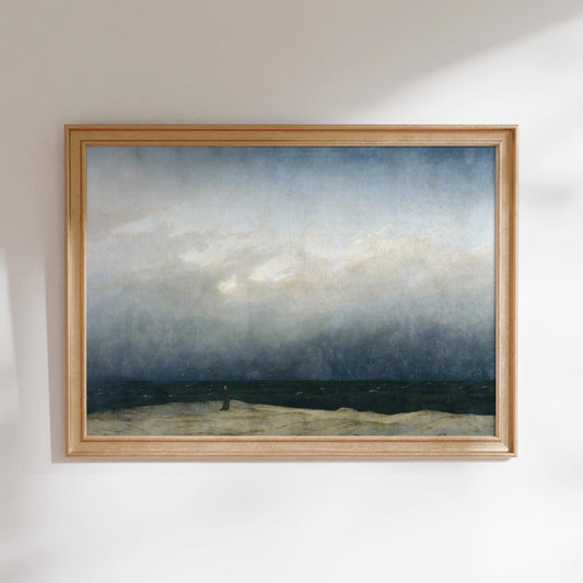 The image is a framed painting depicting a serene landscape with a cloudy sky and a body of water.