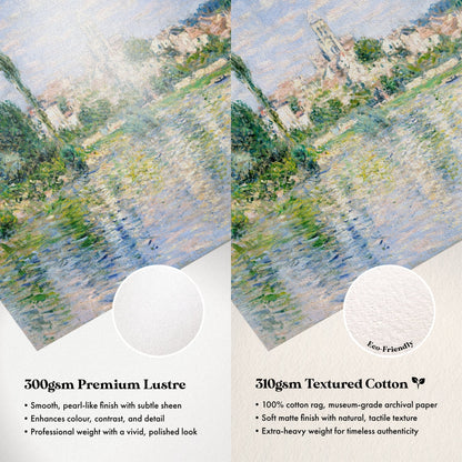 The image is a comparison between two types of paper: a smooth, pearl-like finish with subtle sheen and a textured cotton paper. The text highlights the differences between the two, such as the cotton paper's 100% cotton rag, museum-grade archival paper, soft matte finish with natural texture, and professional weight with a polished look.