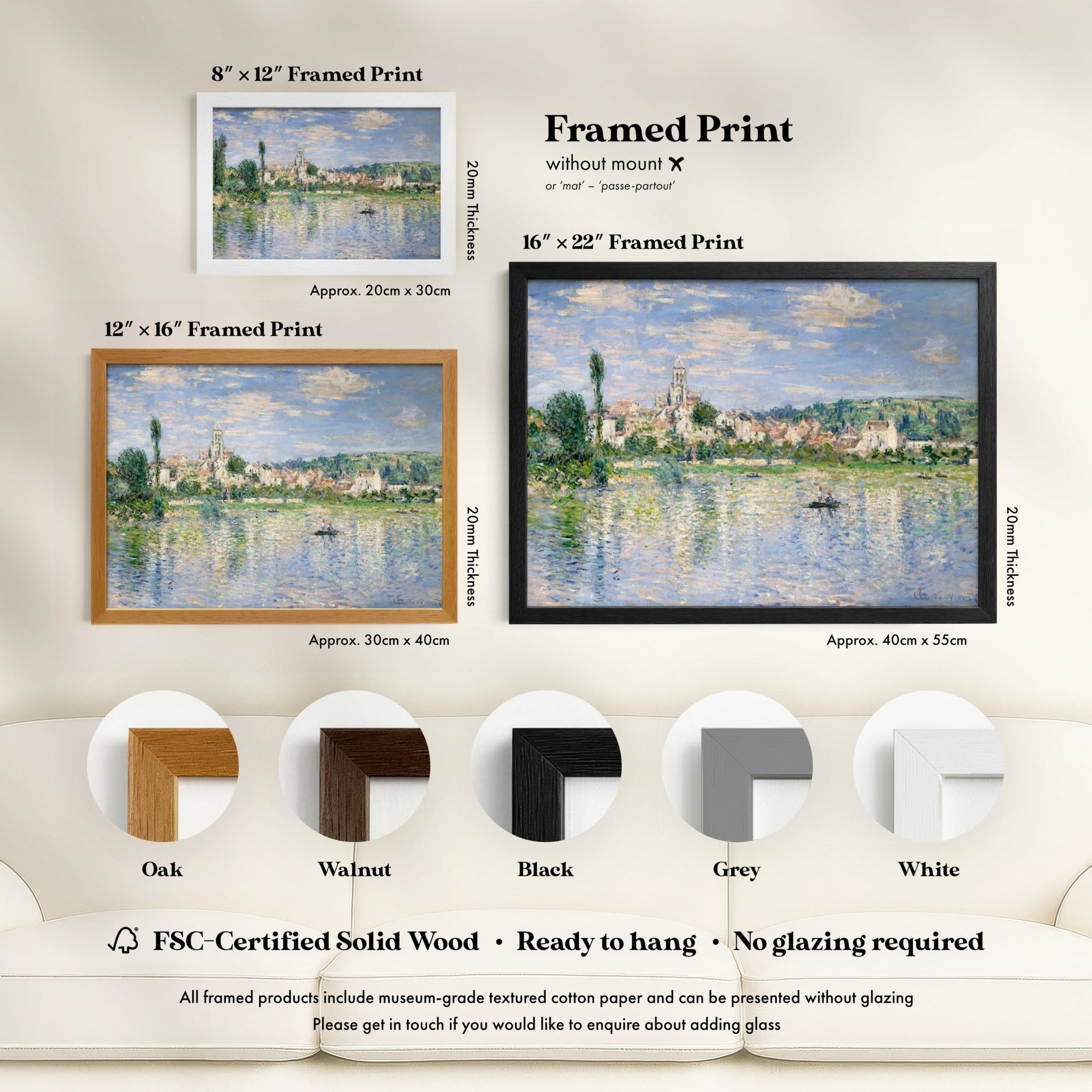 The image is a framed print of a painting depicting a serene landscape with a river and buildings in the background. The framed prints are available in various sizes and frame styles, including a 16x24" framed print and a 12x16" framed print. The image also includes a description of the framed print options, such as the frame's thickness and the type of paper used.