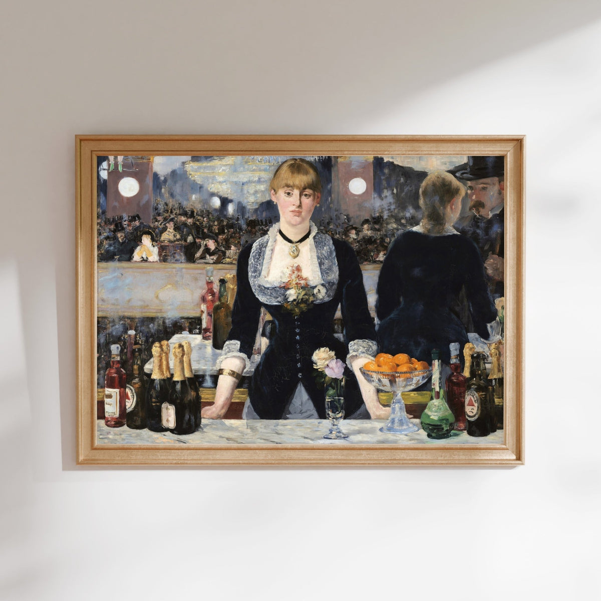 The image is a painting of a woman standing behind a bar, surrounded by various bottles of alcohol and a bowl of fruit.