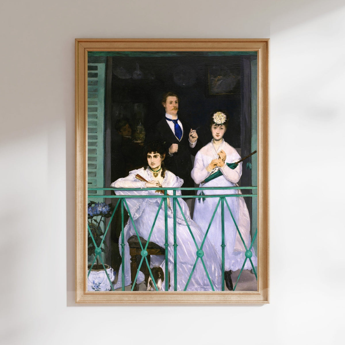 The image is a framed painting depicting three elegantly dressed women on a balcony, with one woman holding a parasol.