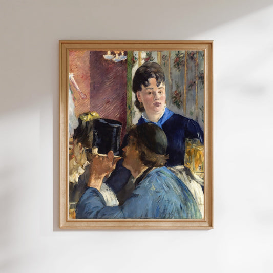 The image is a framed painting depicting two women in a room, with one woman wearing a blue dress and the other wearing a black dress.