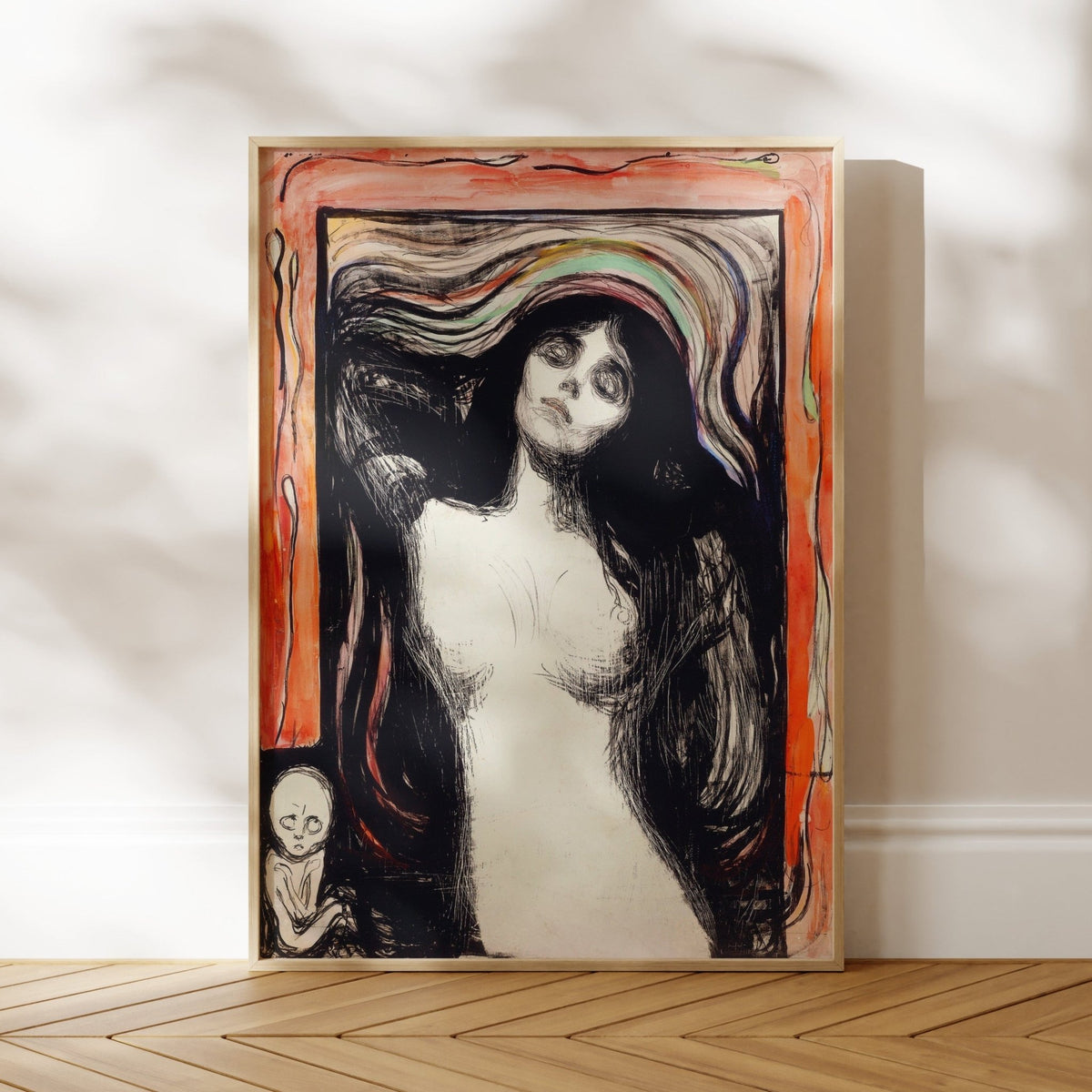The image is a framed painting depicting a woman with a distressed expression, surrounded by abstract, swirling lines and shapes.