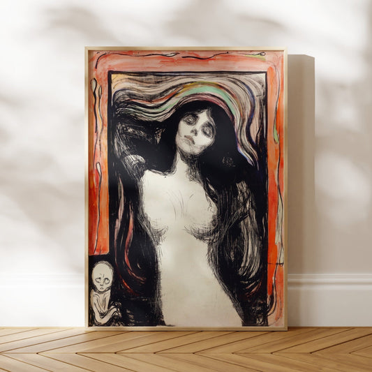 The image is a framed painting depicting a woman with a distressed expression, surrounded by abstract, swirling lines and shapes.
