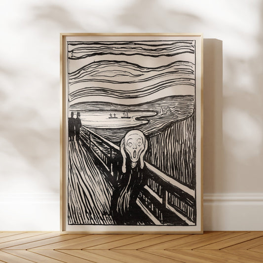The image is a framed print depicting the iconic painting "The Scream" by Edvard Munch.