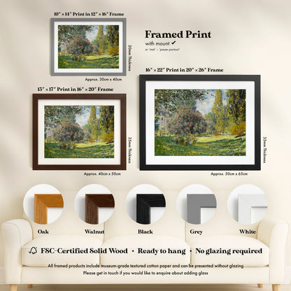 The image is a framed print of a painting depicting a serene landscape with trees and a grassy field. The print is available in various sizes and frame styles, including a 16" x 20" frame, a 15" x 17" frame, and a black frame. The print is described as a "framed print" with a "wooden" finish, and it is "FSC-Certified Solid Wood - Ready to hang - No glazing required". The image is a collage of multiple images, and the text provides information about the print and its frame options.
