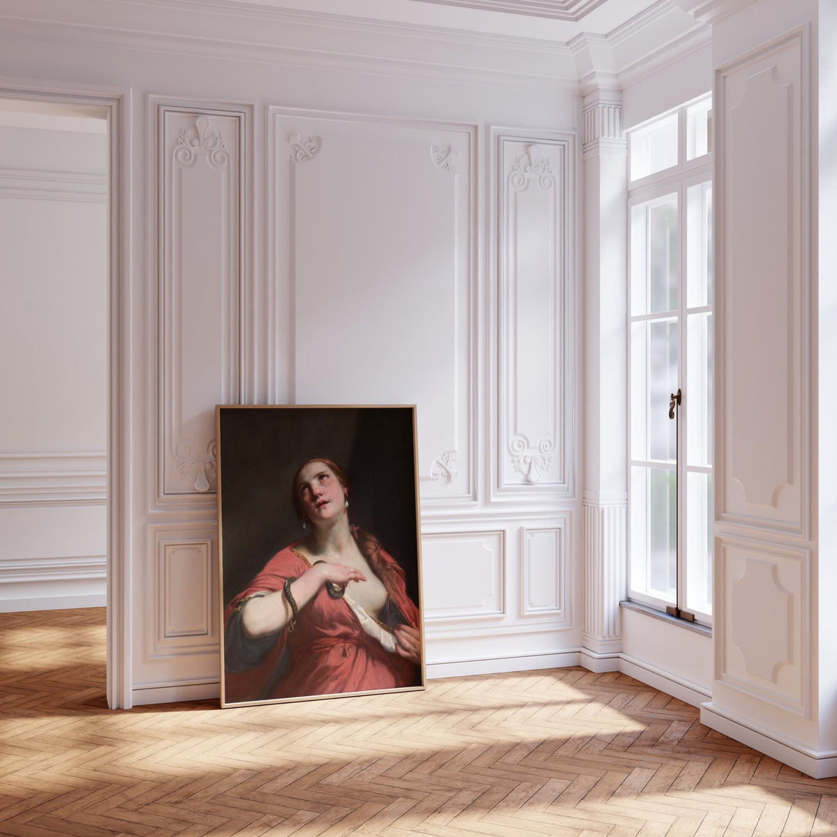 a large painting of a woman in a red dress, standing in a room with white walls and a wooden floor.