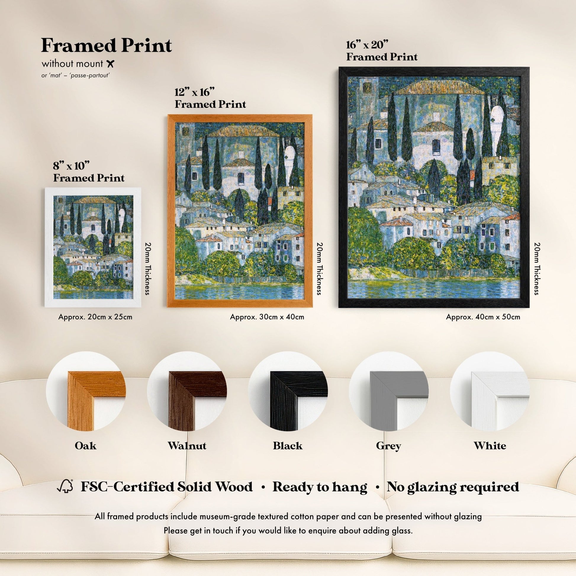 The image is a framed print of a painting depicting a cityscape with buildings and trees. The print is available in different sizes and frame styles, including a 16" x 20" framed print and a 12" x 16" framed print. The print is made of FSC-Certified Solid Wood, which is ready to hang and does not require glazing. The image also includes a description of the print, including its dimensions and frame styles.