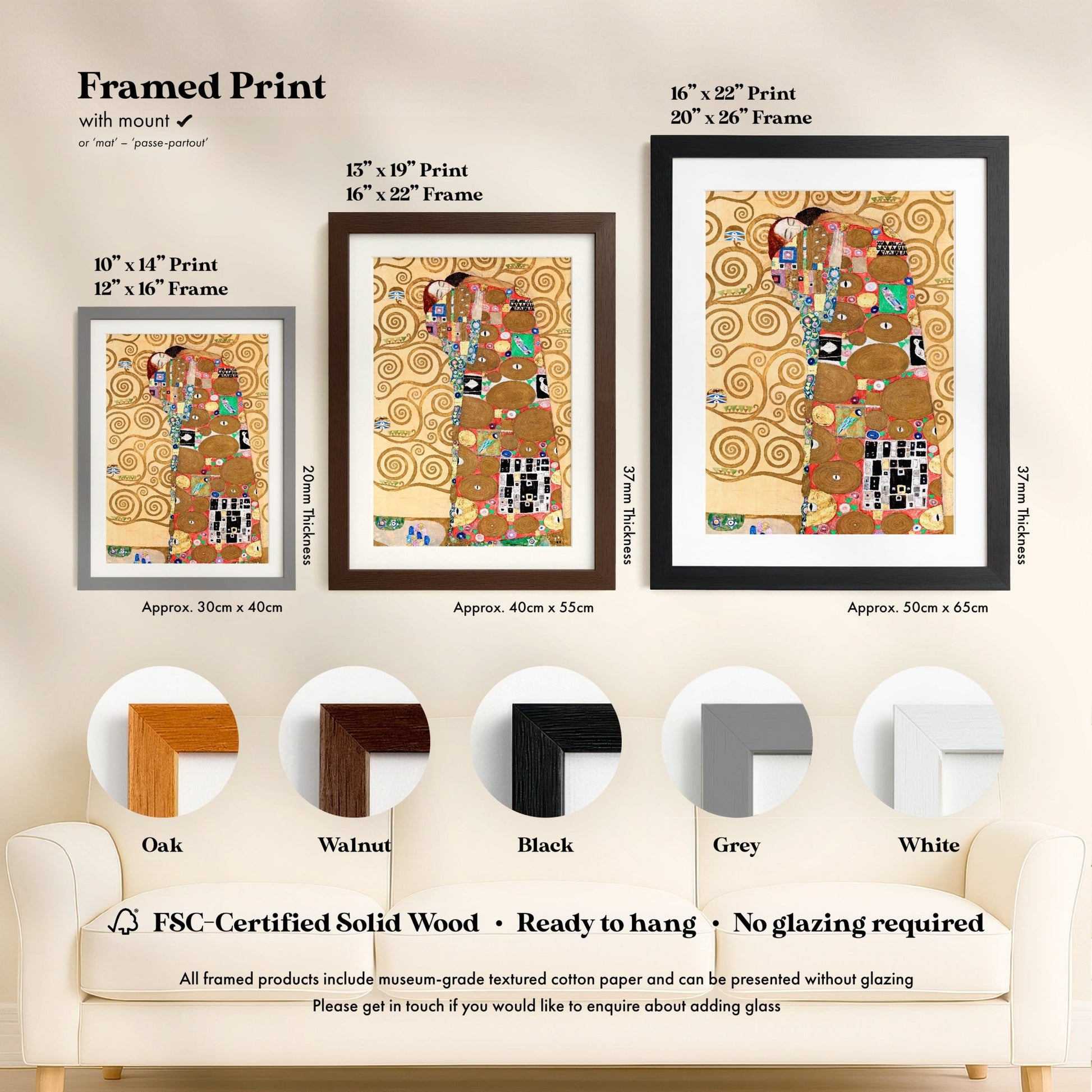 three framed prints of the famous painting "The Kiss" by Gustav Klimt, each with a different frame color and size.
