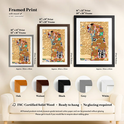 three framed prints of the famous painting "The Kiss" by Gustav Klimt, each with a different frame color and size.