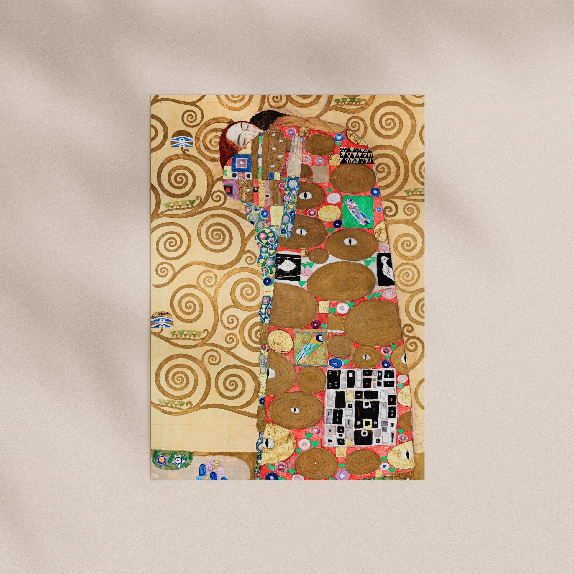 The image is a vibrant and colorful abstract painting featuring a variety of shapes, patterns, and textures in shades of gold, blue, red, and black.