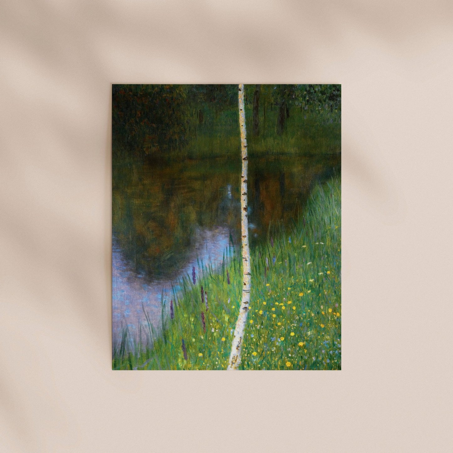 a serene landscape with a tree trunk in the foreground and a body of water in the background, surrounded by lush green grass and wildflowers.