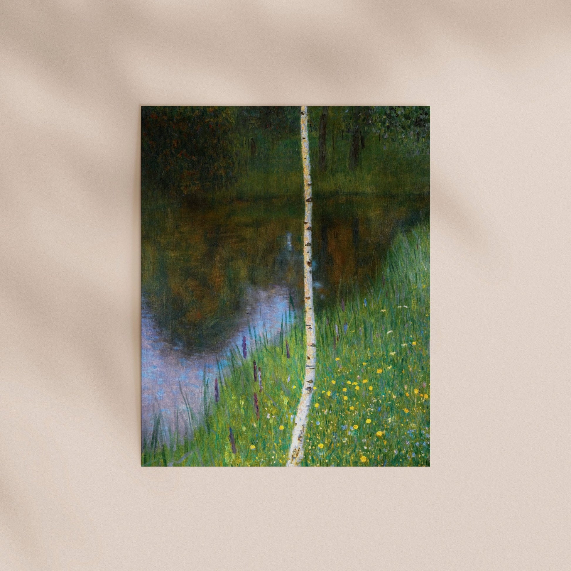 a serene landscape with a tree trunk in the foreground and a body of water in the background, surrounded by lush green grass and wildflowers.