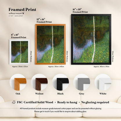 The image is a framed print advertisement for artwork, featuring three different framed prints of a painting of a tree with a stream of water flowing through it. The framed prints vary in size and frame style, and the text provides information about the different frame options available for the artwork.