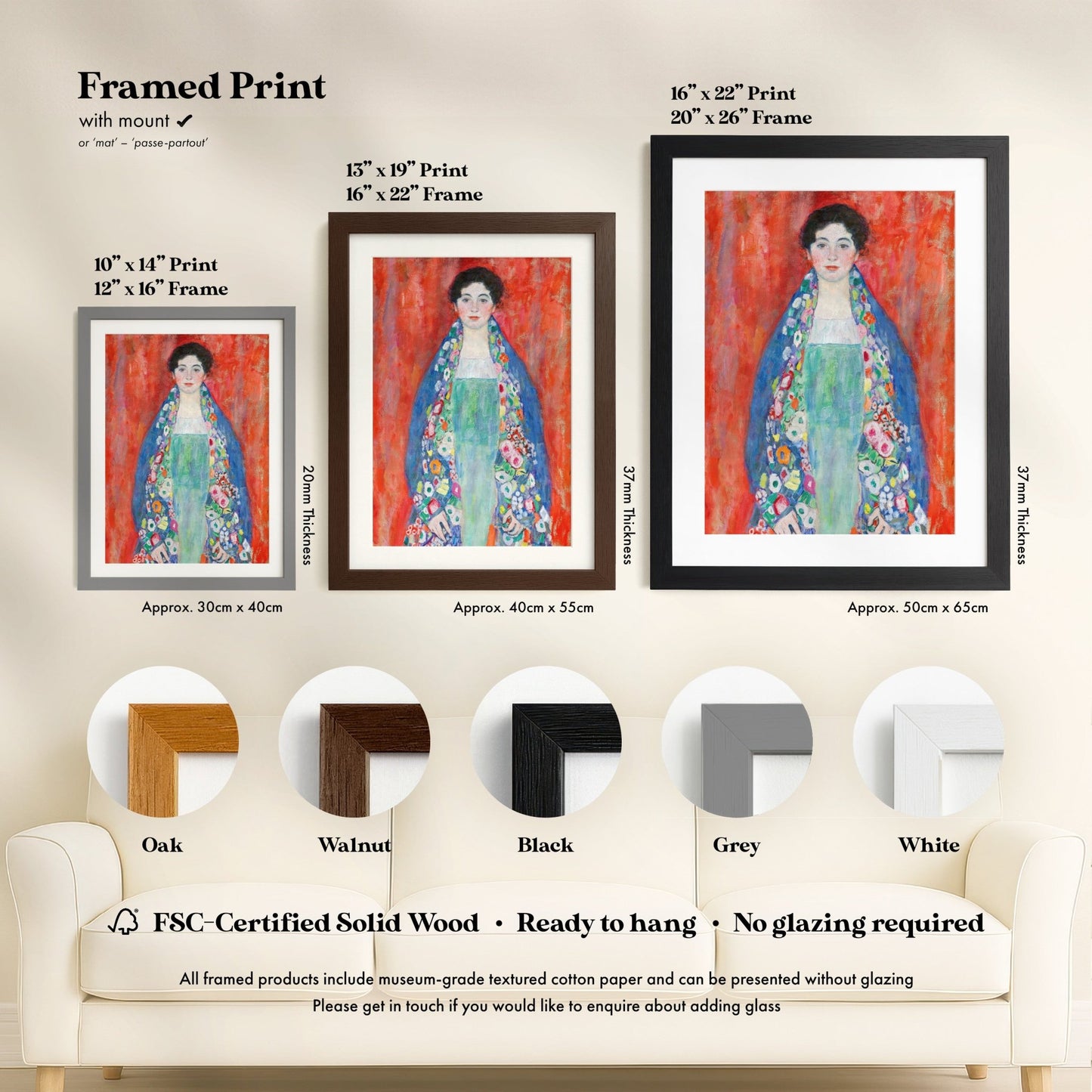 The image is a framed print of a painting of a woman in a blue dress with a floral pattern, displayed in three different frame sizes and colors.