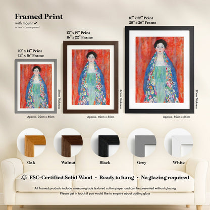 The image is a framed print of a painting of a woman in a blue dress with a floral pattern, displayed in three different frame sizes and colors.