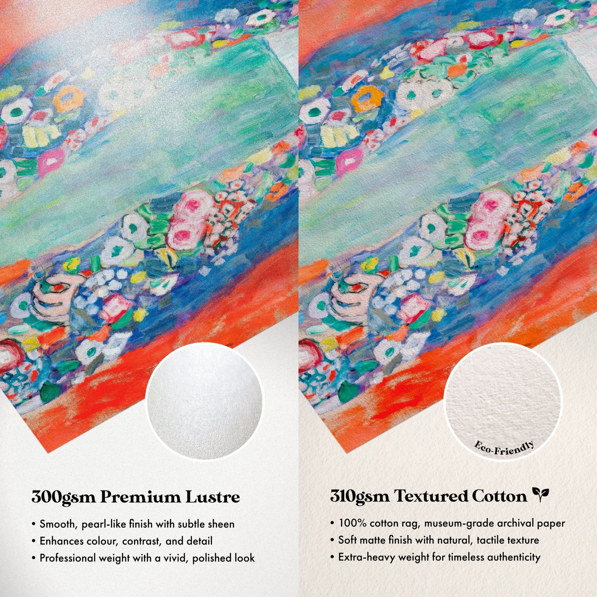 The image is a comparison of two types of paper: a smooth, pearl-like finish with subtle sheen and a textured cotton paper. The text highlights the differences between the two, such as the cotton paper's 100% cotton rag, museum-grade archival paper, soft matte finish with natural texture, and professional weight with a polished look.