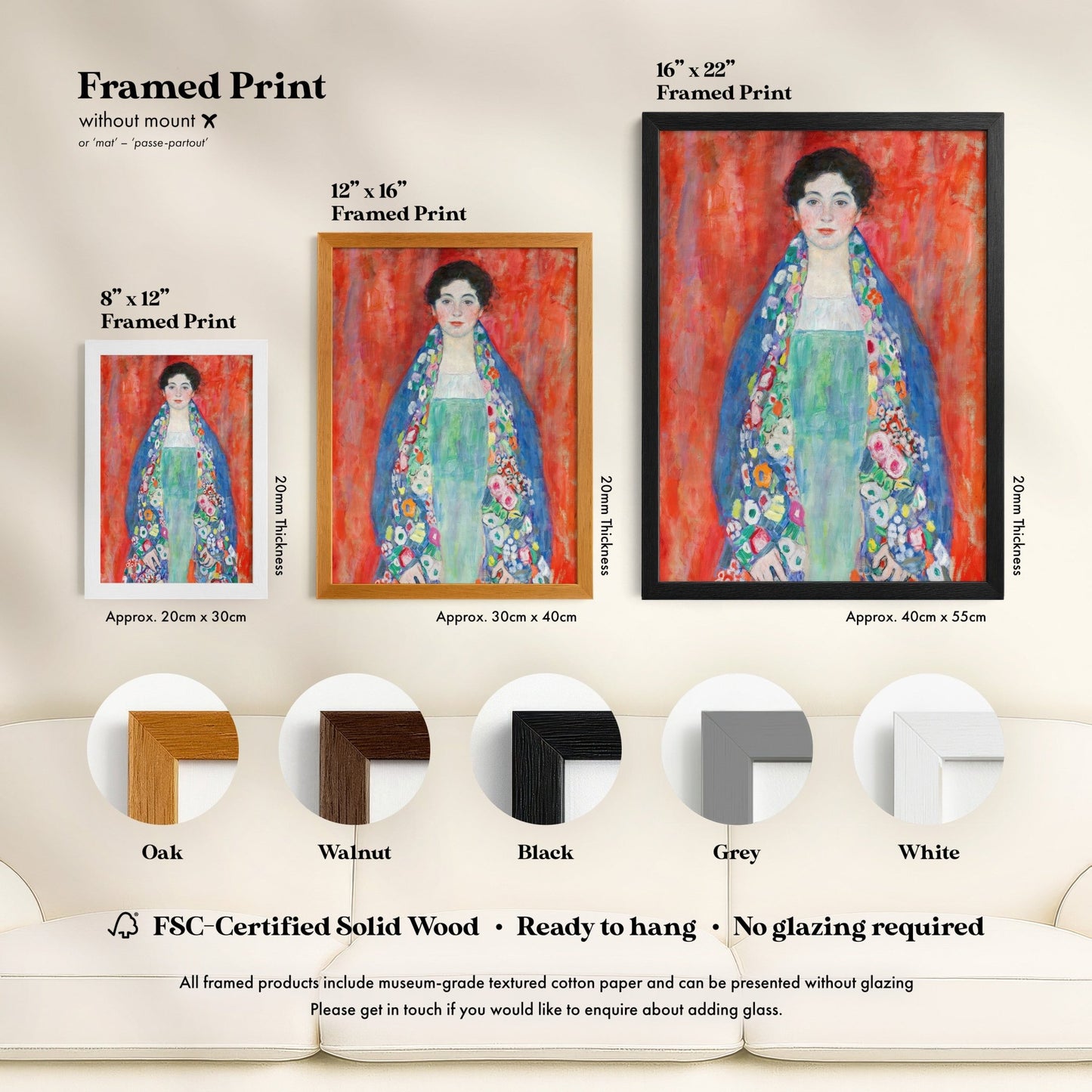 The image is a framed print of a painting of a woman in a blue dress with a floral pattern. The framed prints are available in different sizes and frame styles, including a 16" x 22" print, a 12" x 16" print, and a 20" x 30cm print. The framed prints are made of FSC-Certified Solid Wood, which is ready to hang without glazing and can be presented without any additional embellishments.