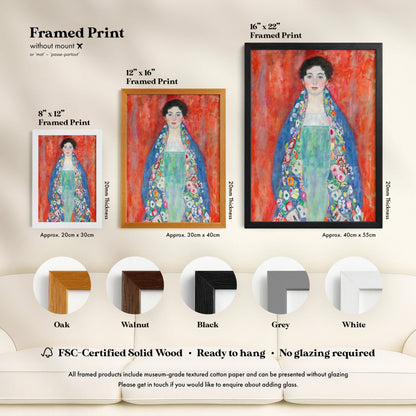 The image is a framed print of a painting of a woman in a blue dress with a floral pattern. The framed prints are available in different sizes and frame styles, including a 16" x 22" print, a 12" x 16" print, and a 20" x 30cm print. The framed prints are made of FSC-Certified Solid Wood, which is ready to hang without glazing and can be presented without any additional embellishments.