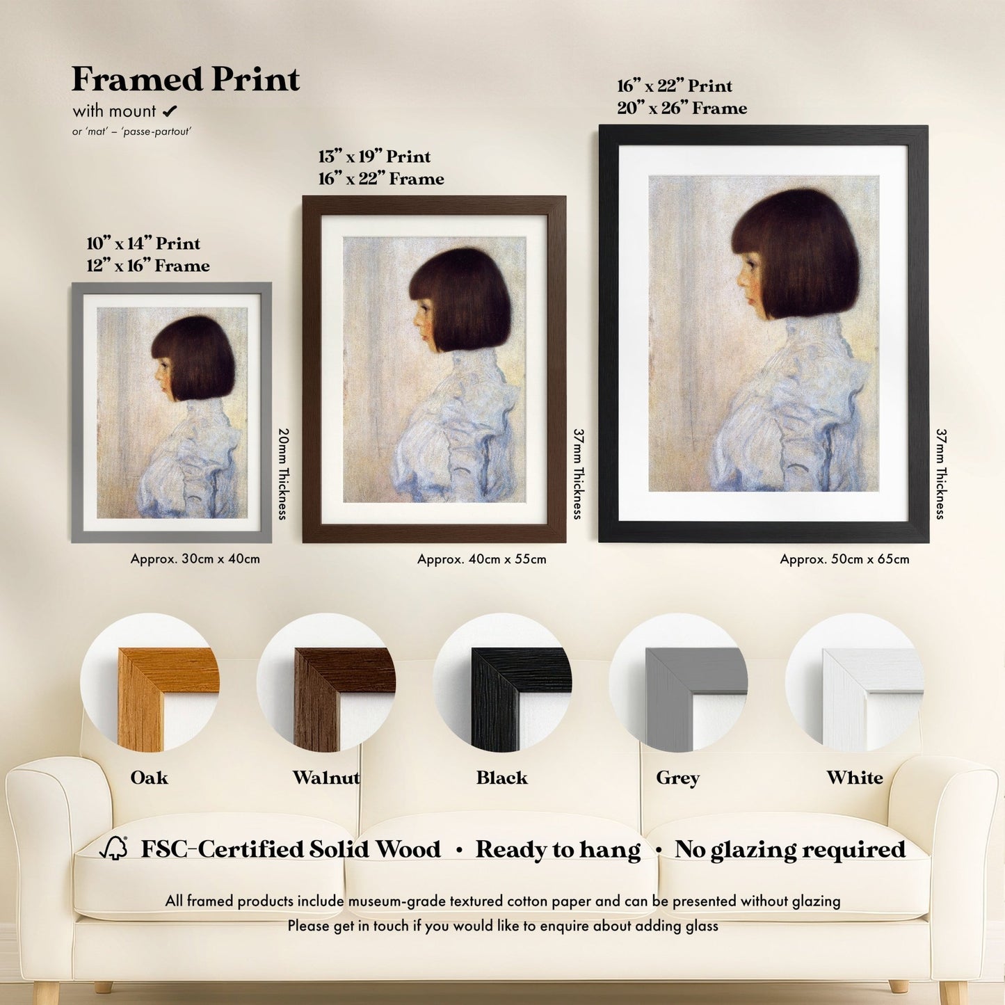 The image is a framed print of a portrait of a young girl, with three different frame sizes and colors available.