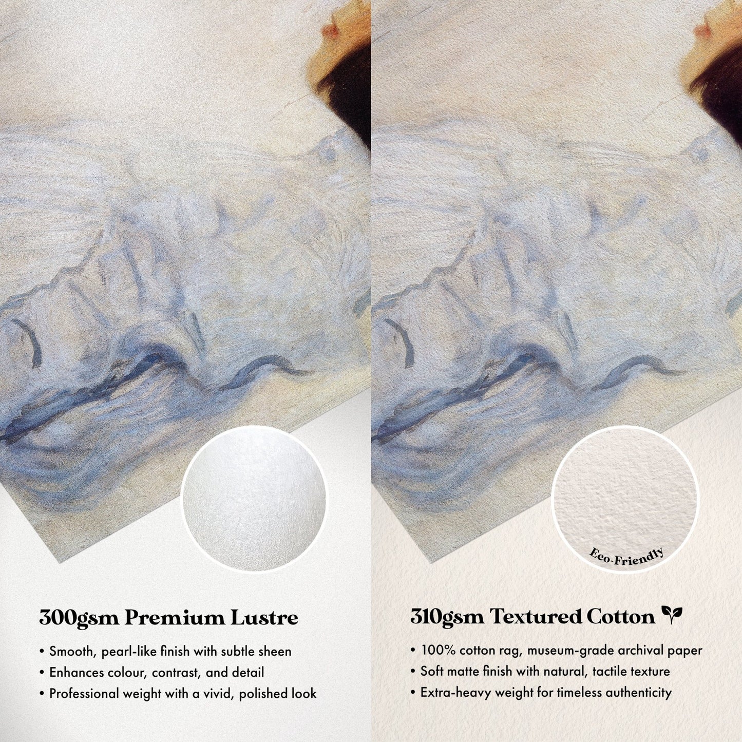 The image is a comparison between two types of paper materials: premium lustre paper and textured cotton paper. The text provides information about the characteristics of each material, such as texture, weight, and quality.