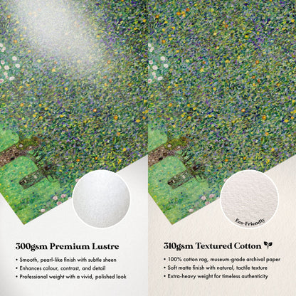 The image is a collage of two images, one showing a painting of a field of flowers and the other showing a close-up of a cotton fabric. The text provides information about the materials used in the images, comparing the premium lustre paper to the textured cotton fabric.