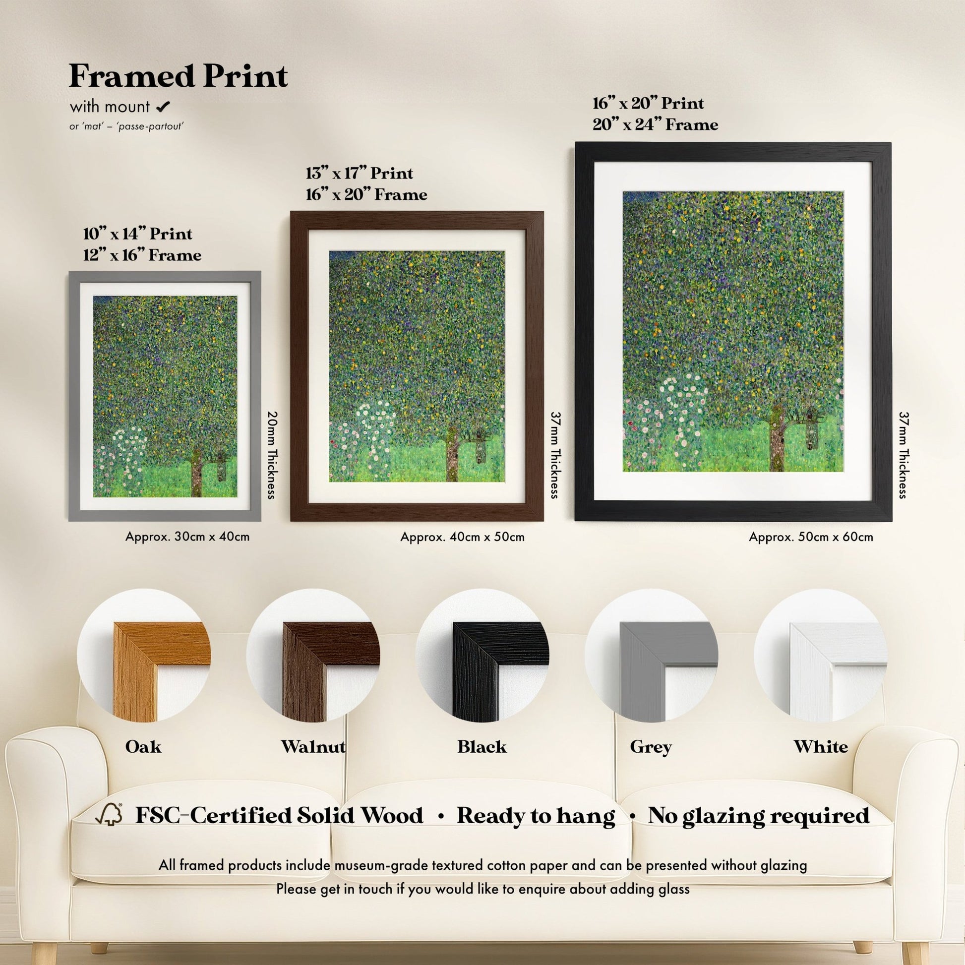 three framed prints of the same artwork, each with a different frame color and size, arranged on a wall.