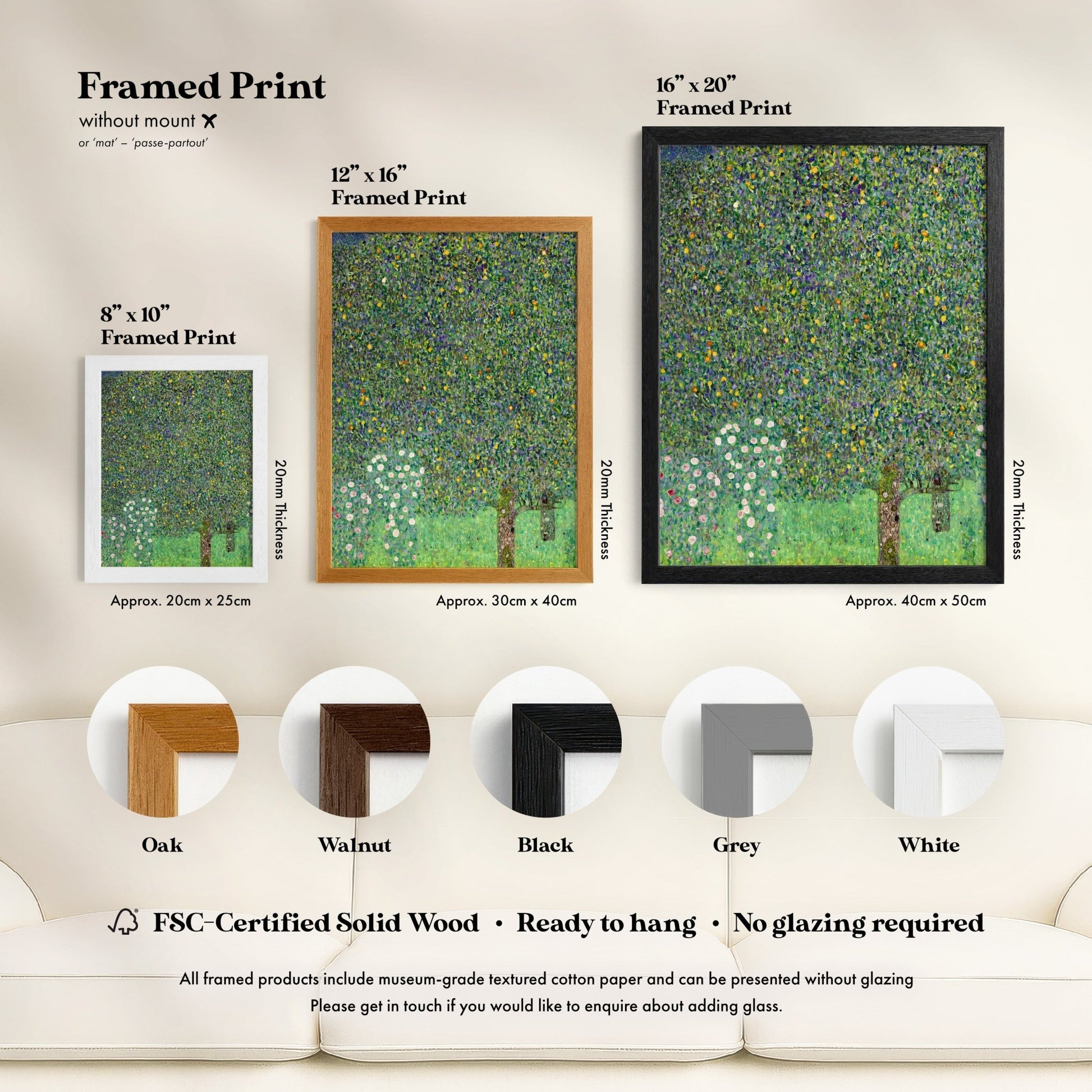 The image is a framed print of a painting titled "The trees in the forest" by Vincent Van Gogh. The print is available in different sizes and frame materials, including a 16" x 20" framed print, a 12" x 16" framed print, and a 20" x 25cm framed print. The print is described as a "TFC-Certified Solid Wood - Ready to hang - No glazing required" and is made of museum-grade textured cotton paper.