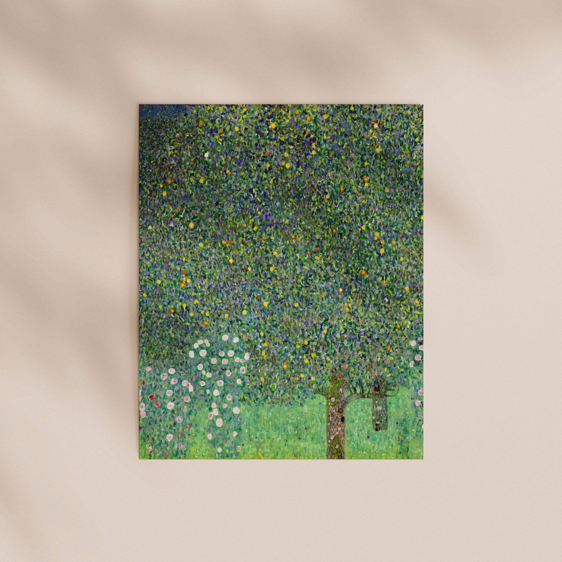 The image is a square painting depicting a lush, green tree with white flowers, set against a pale background.