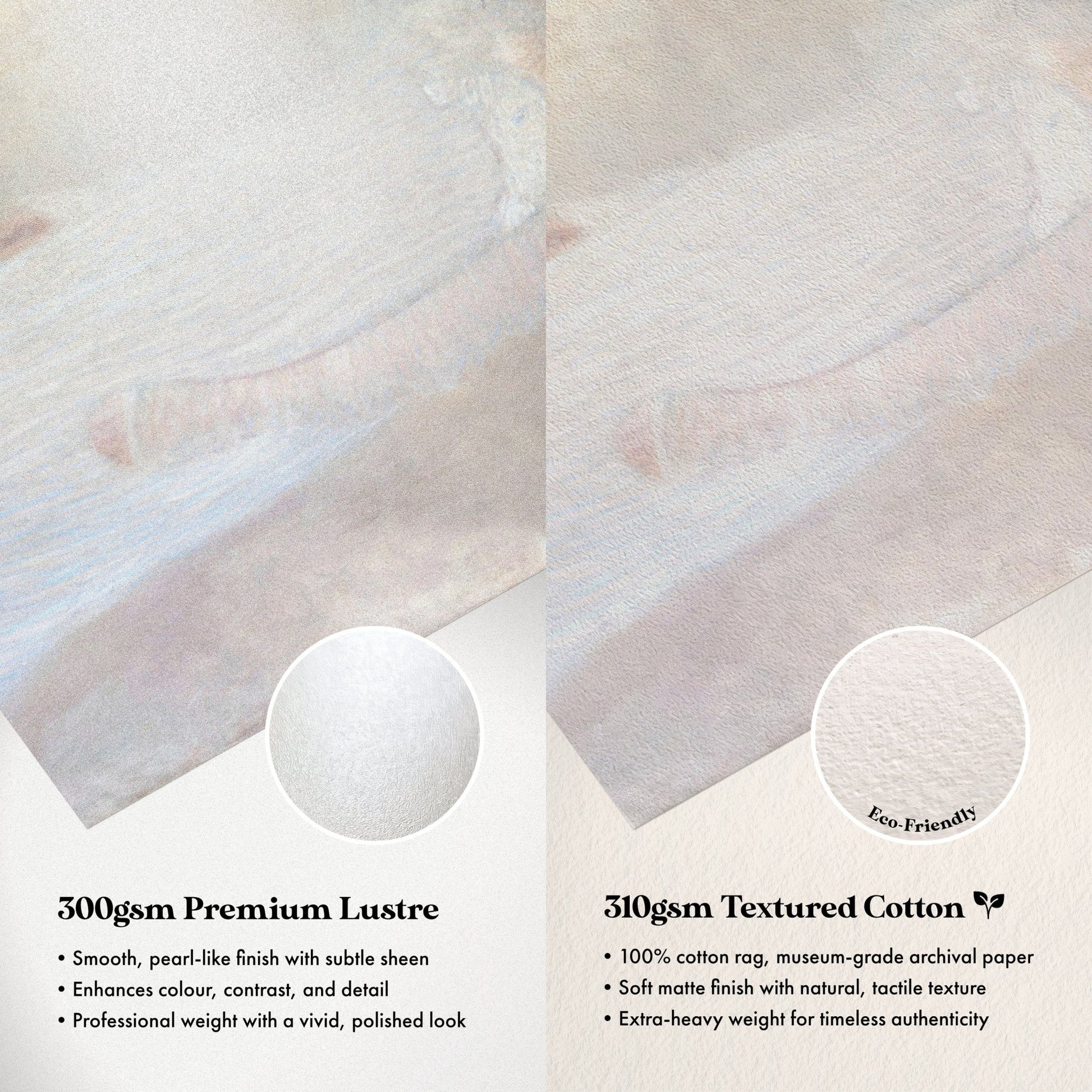 The image is a comparison between two types of paper: a smooth, pearl-like finish with subtle sheen and a textured cotton paper. The text highlights the differences between the two, such as the cotton paper being 100% cotton rags, museum-grade archival paper, and having a soft matte finish with natural texture, while the smooth paper is a professional weight with a polished look.
