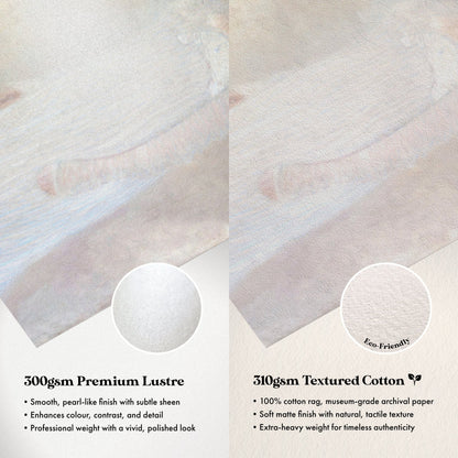 The image is a comparison between two types of paper: a smooth, pearl-like finish with subtle sheen and a textured cotton paper. The text highlights the differences between the two, such as the cotton paper being 100% cotton rags, museum-grade archival paper, and having a soft matte finish with natural texture, while the smooth paper is a professional weight with a polished look.