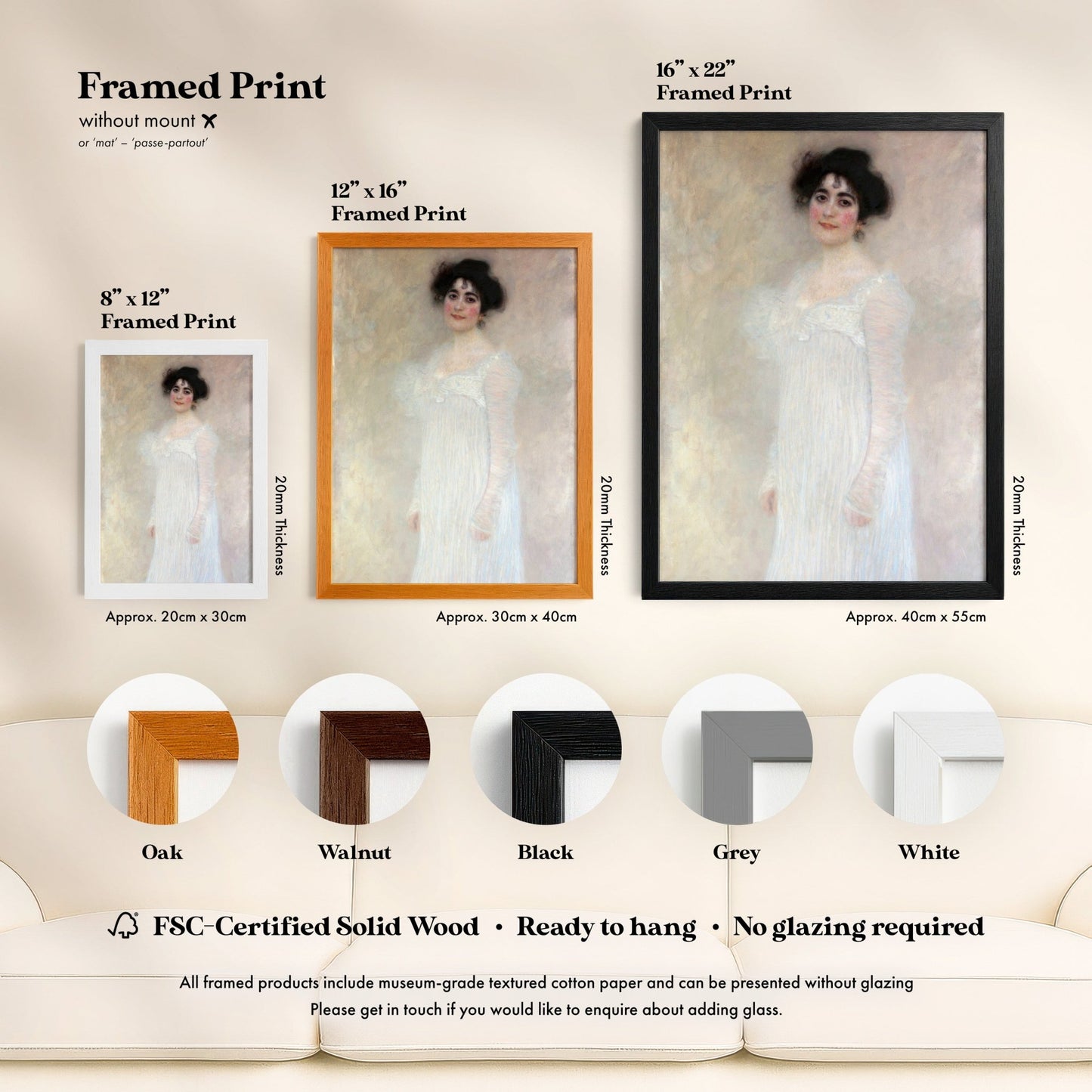 The image is a framed print of a painting of a woman in a white dress, with various frame options available for purchase.