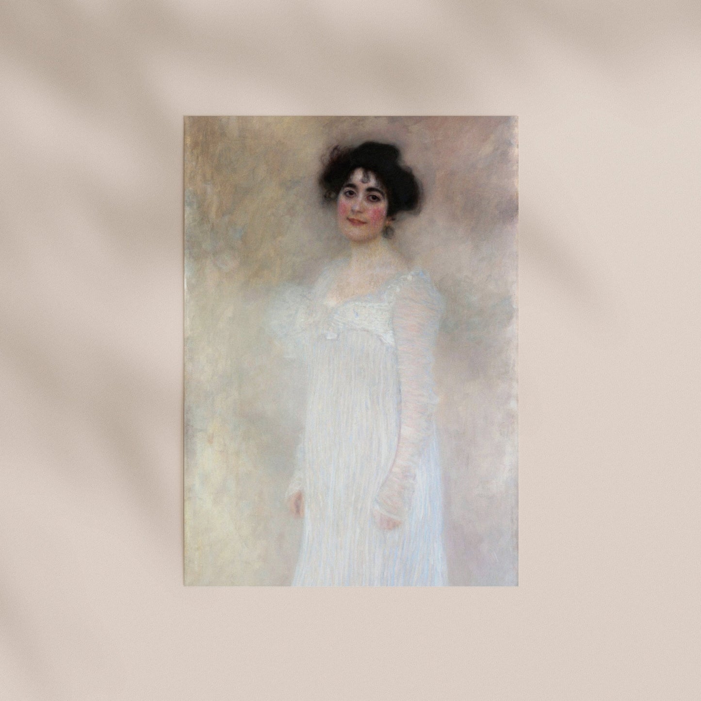 A portrait of a woman wearing a white dress, with a pensive expression on her face.