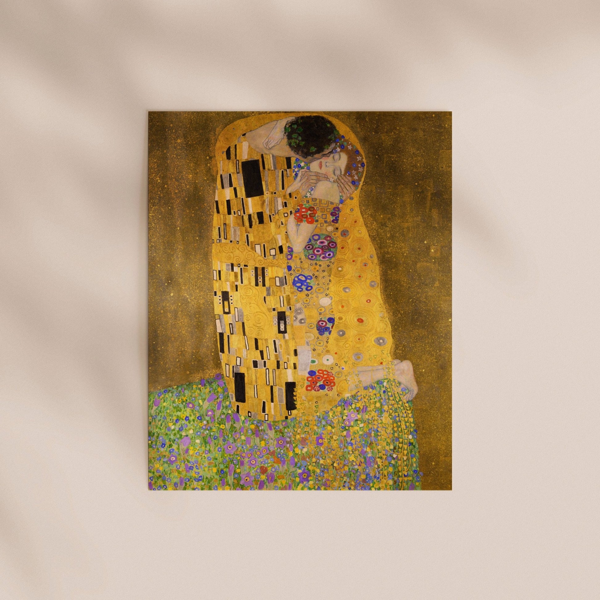 The image is a painting depicting a woman with a golden kiss mark on her face, surrounded by a floral background.