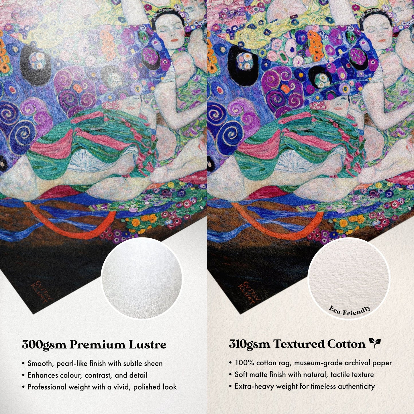 The image is a collage of two images, each featuring a painting of a woman. The collage includes text descriptions for the premium lustre paper and the textured cotton paper, highlighting their features and benefits.